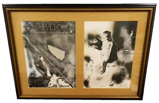 Appraisal: Jos Luis Cuevas Mexican b diptych with coarse burlap mat