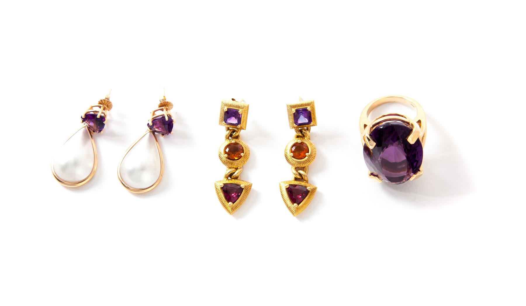 Appraisal: AMETHYST RING AND TWO PAIRS OF EARRINGS American st century