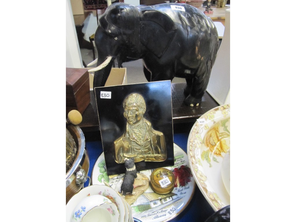 Appraisal: Large ebony elephant brass Burns plaques etc