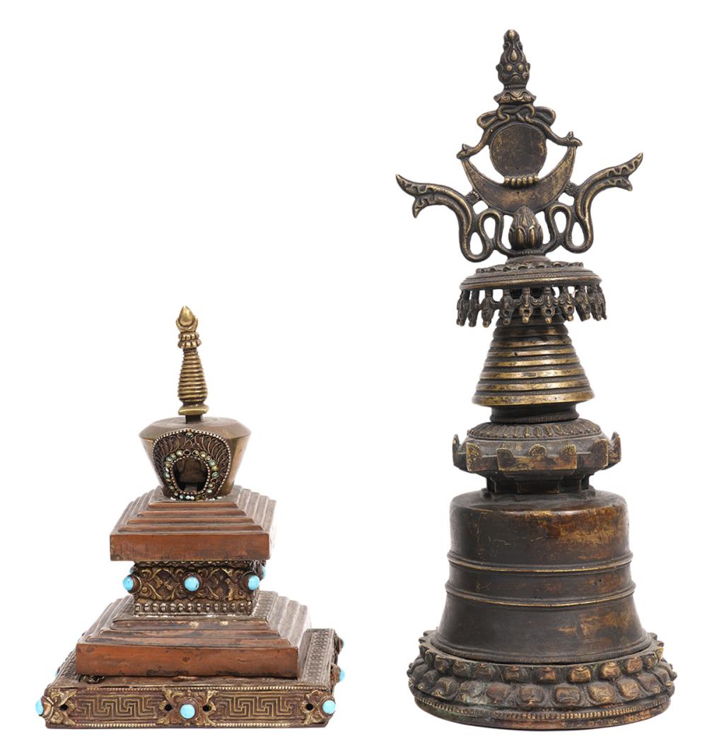 Appraisal: BRONZE TIBETAN STUPAS Tibetan stupas in sculptured bronze Accented with