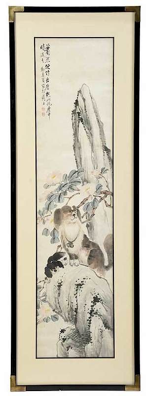 Appraisal: Chinese Ink and Water Color Scroll Painting two small dogs