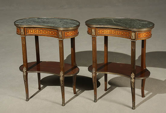 Appraisal: Pair of Louis XV-XVI Style Ormolu Mounted Parquetry Colored Tulipwood