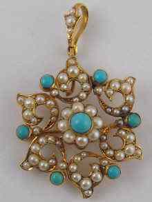 Appraisal: A yellow metal tests carat gold pearl and turquoise pendant