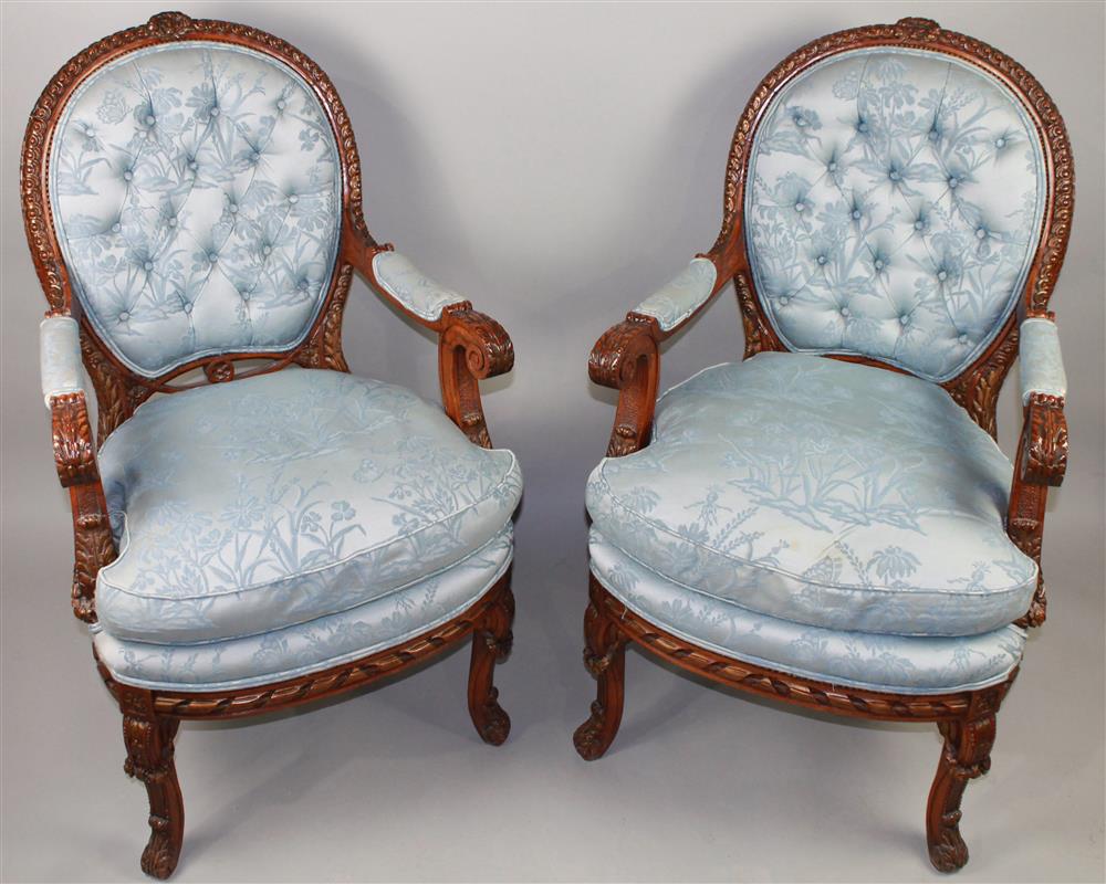 Appraisal: PAIR OF LOUIS XV-XVI STYLE BEECHWOOD FAUTEUILS A LA REINE