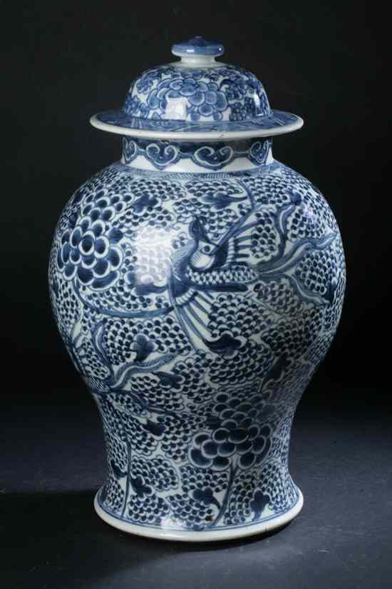 Appraisal: CHINESE BLUE AND WHITE PORCELAIN BALUSTER VASE AND COVER Kangxi