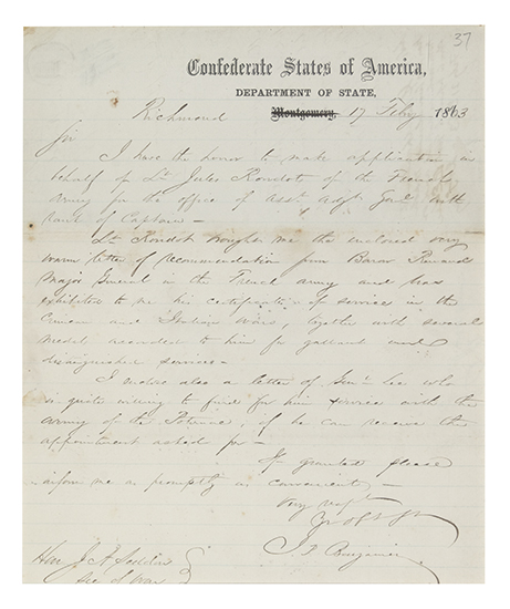 Appraisal: CIVIL WAR BENJAMIN JUDAH P Autograph Letter Signed J P