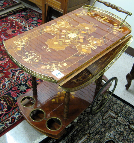 Appraisal: MARQUETRY INLAID DROP-LEAF SERVING CART Italian th century a -tier