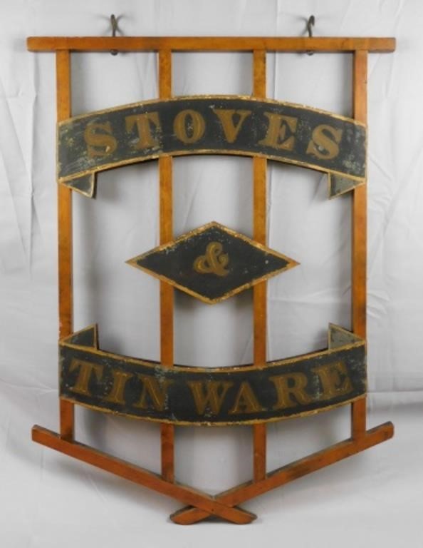 Appraisal: TIN AND WOOD TRADE SIGN LATE TH C advertising stoves