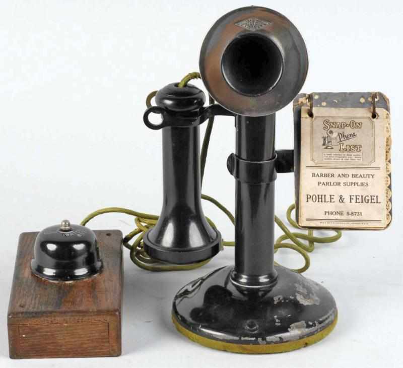 Appraisal: DeVeau Non-Dial Candlestick Telephone Description Circa Black on brass with