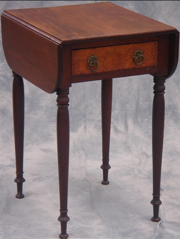 Appraisal: Mahogany and birdseye maple drawer drop leaf Sheraton stand original