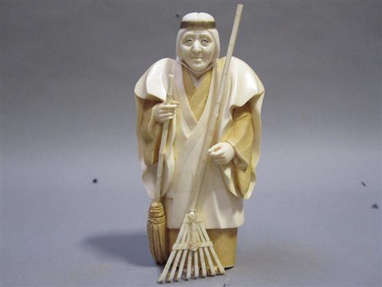 Appraisal: JAPANESE BROWN PAINTED IVORY OKIMONO OF AN ELDER WOMAN th