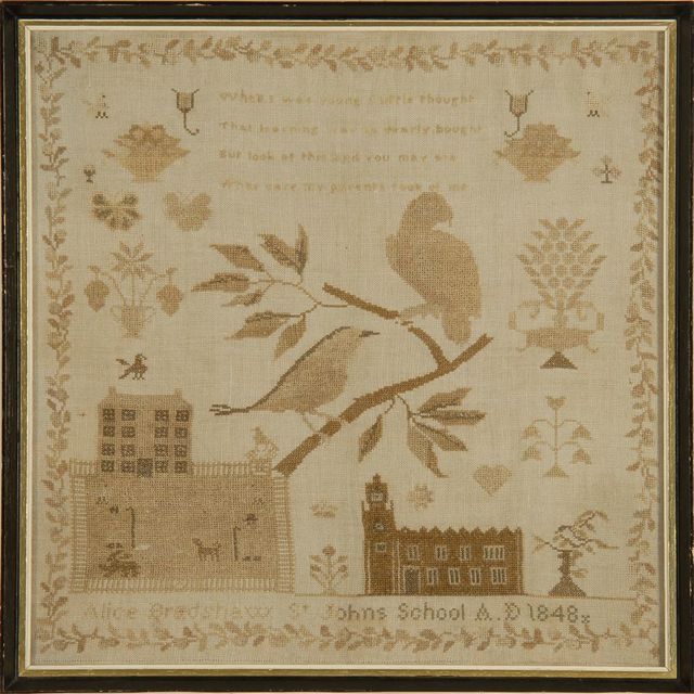 Appraisal: FRAMED NEEDLEWORK SAMPLER Mid- th CenturyWrought by Alice Bradshaw St