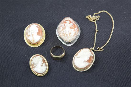 Appraisal: FIVE PIECES OF JEWELRY Four cameo brooches one marked ''