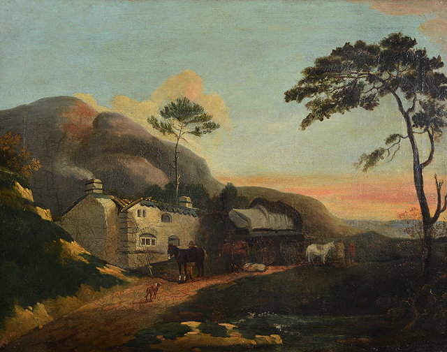 Appraisal: TH CENTURY SCHOOLLandscape with figures and horse drawn cart outside