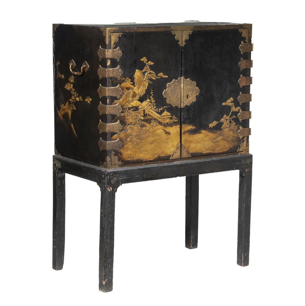 Appraisal: TH C JAPANESE LACQUERED CABINET ON ORIGINAL STAND Ornate and