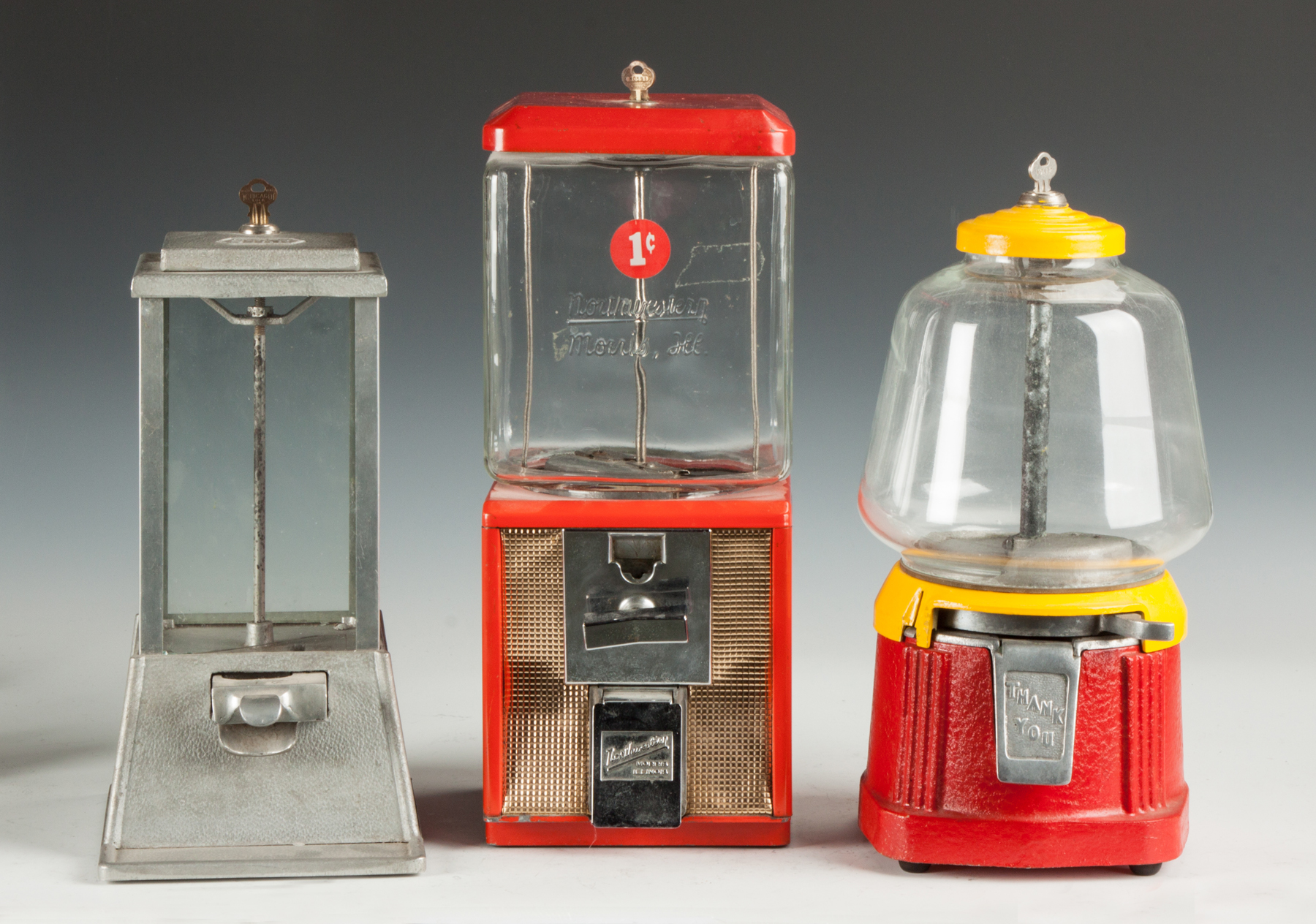 Appraisal: Three Vintage Cast Metal Aluminum One Cent Gumball Machines L