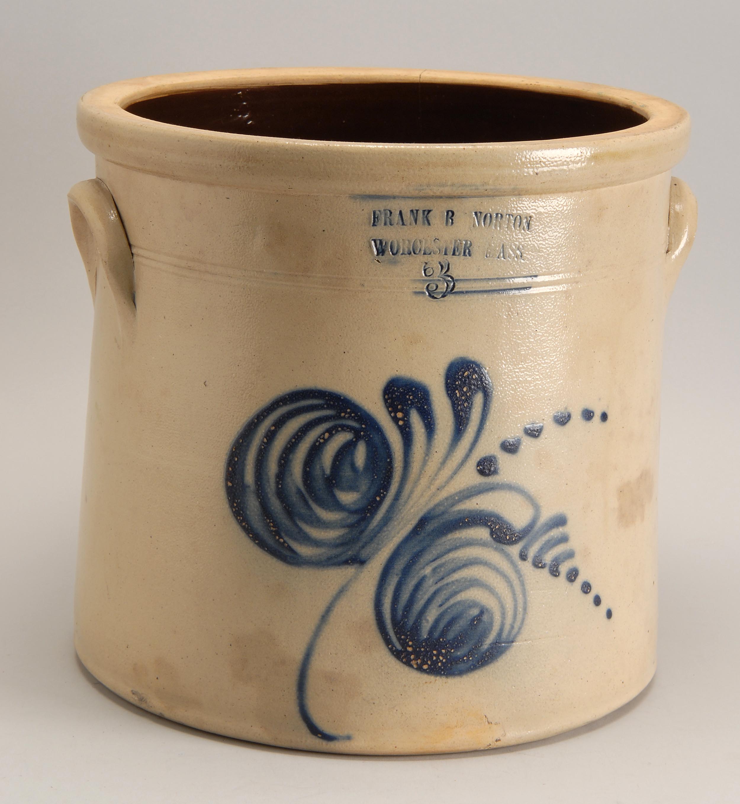 Appraisal: TH CENTURY AMERICAN STONEWARE THREE-GALLON CROCK with cobalt blue foliate