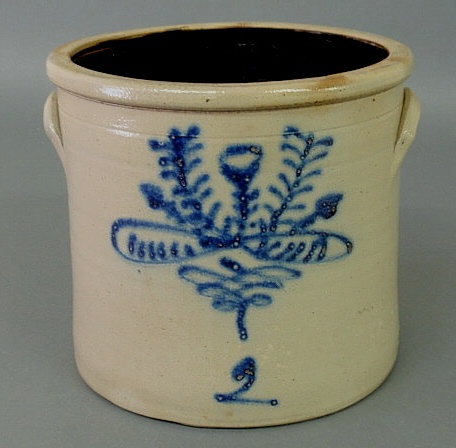 Appraisal: Two-gallon stoneware crock with blue fern decoration h x dia