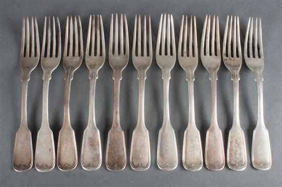 Appraisal: Eleven American coin silver forks in the threaded fiddle pattern