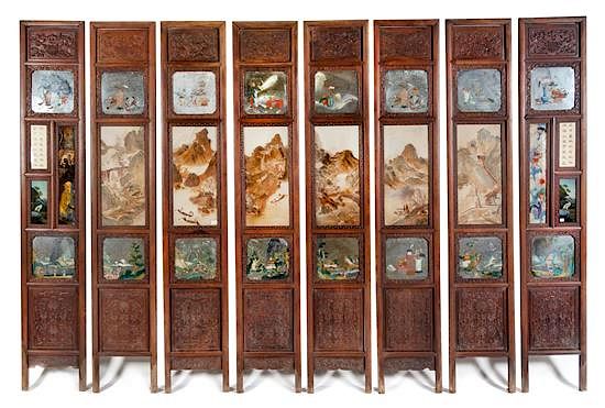 Appraisal: A Porcelain and Glass Inset Hardwood Eight-Panel Floor Screen Height