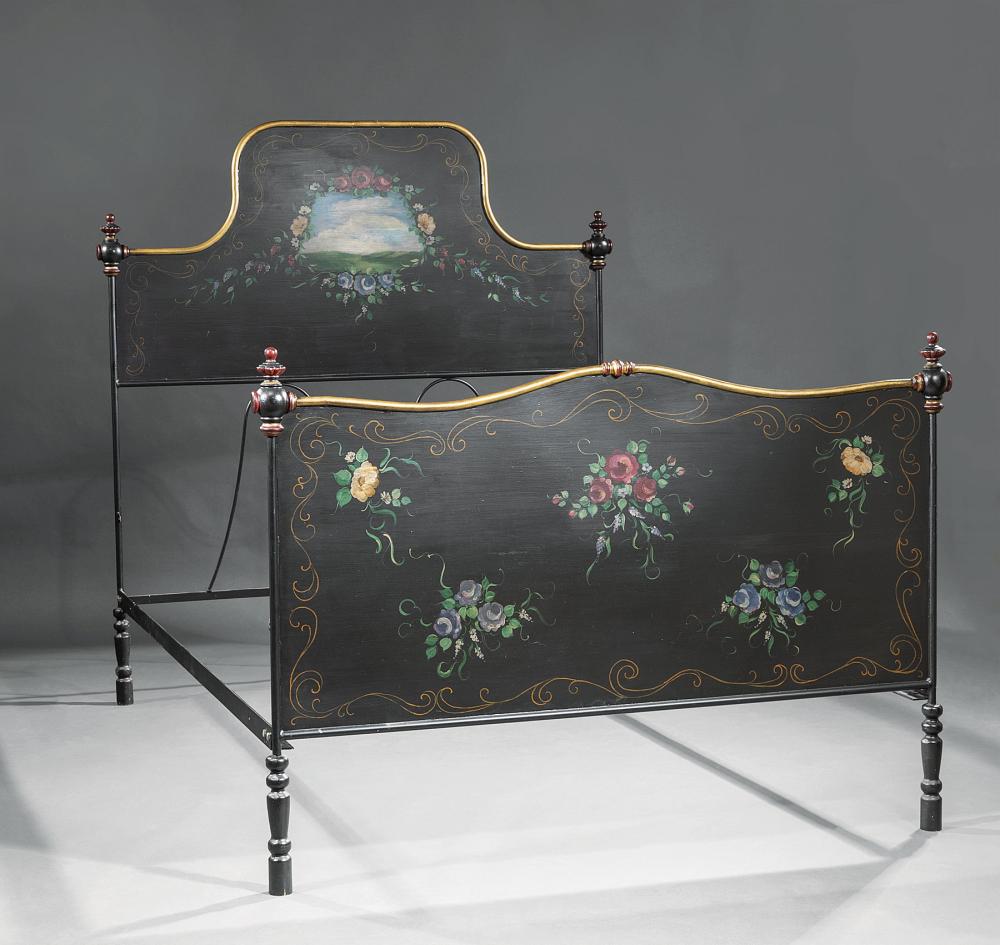 Appraisal: English Tole Peinte Bedstead shaped head board with floral sprays