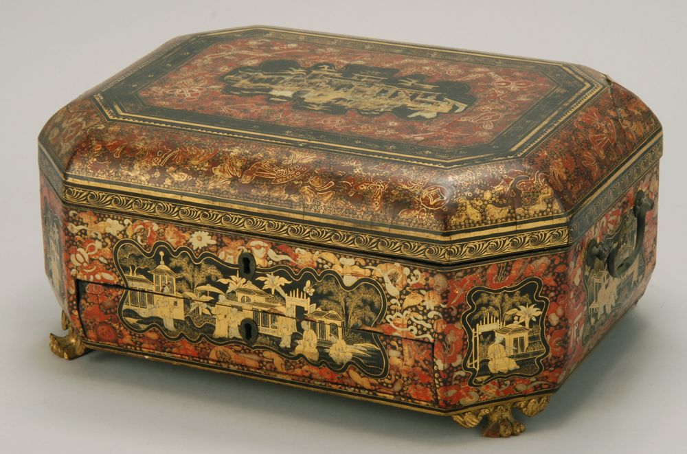 Appraisal: UNUSUAL CHINOISERIE LACQUER LIFT-TOP SEWING BOX China Trade Late th