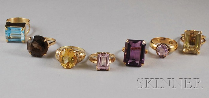 Appraisal: Seven Gold and Gemstone Rings including citrine topaz and amethyst