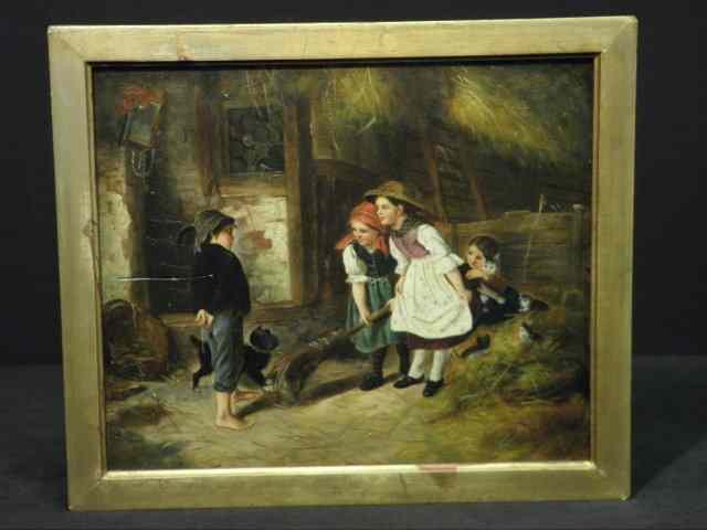 Appraisal: Oil on wooden panel painting depicting an interior view with