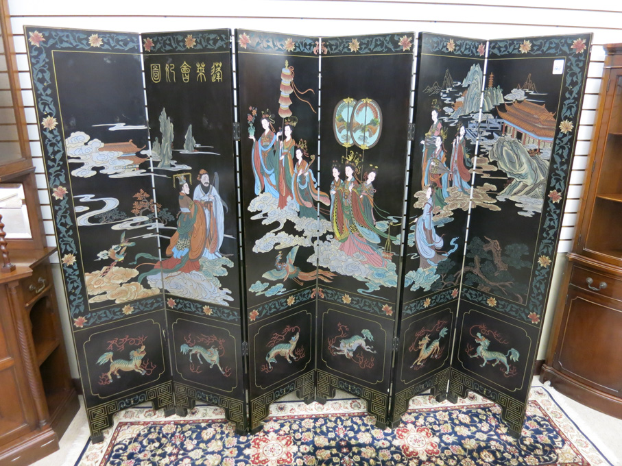 Appraisal: SIX-PANEL COROMANDEL FLOOR SCREEN Chinese th century one side featuring