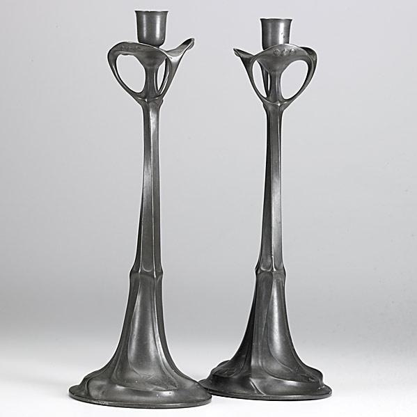 Appraisal: J P KAYSER SOHNPair of tall Art Nouveau pewter candlesticksRaised