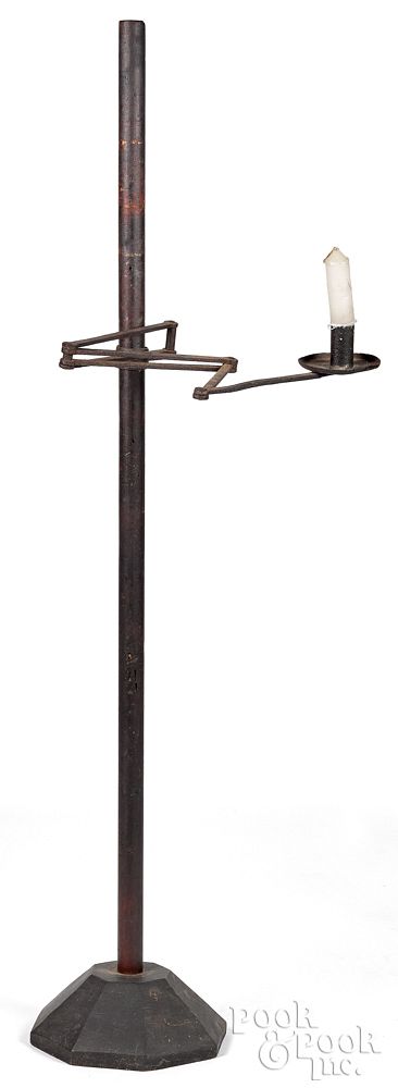 Appraisal: Wrought iron and pine adjustable weaver's lamp Wrought iron and