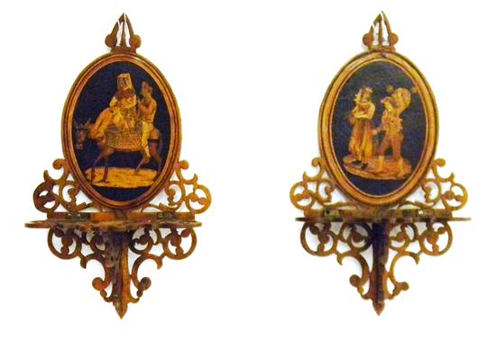 Appraisal: Pair marquetry wall shelves oval-shaped plaques mounted with pierced wall