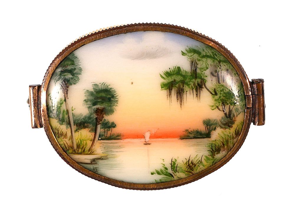 Appraisal: OLIVE COMMONS Cameona Pin Florida scene painted on porcelain --