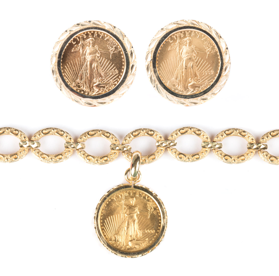 Appraisal: A Gold Coin Bracelet and Earrings American Eagle gold coin