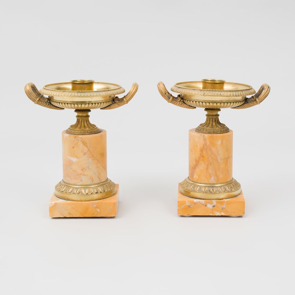 Appraisal: Pair of Charles X Style Gilt-Metal-Mounted Marble Candlesticks x x