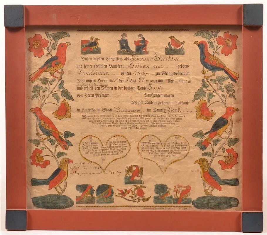 Appraisal: York County Birth and Baptismal Certificate Printed and Hand Colored