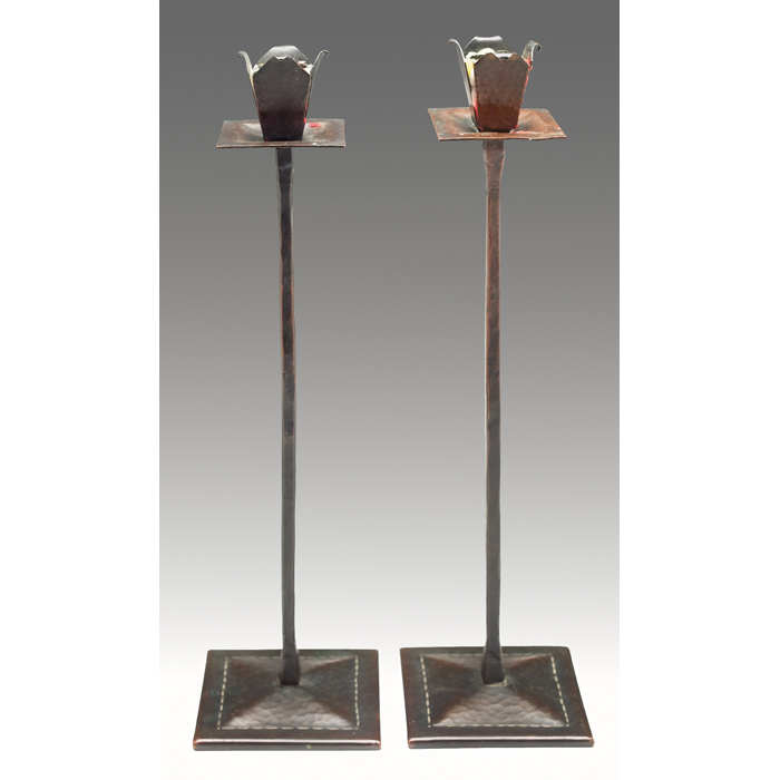 Appraisal: Roycroft candlesticks pair hammered copper original patinas impressed mark to