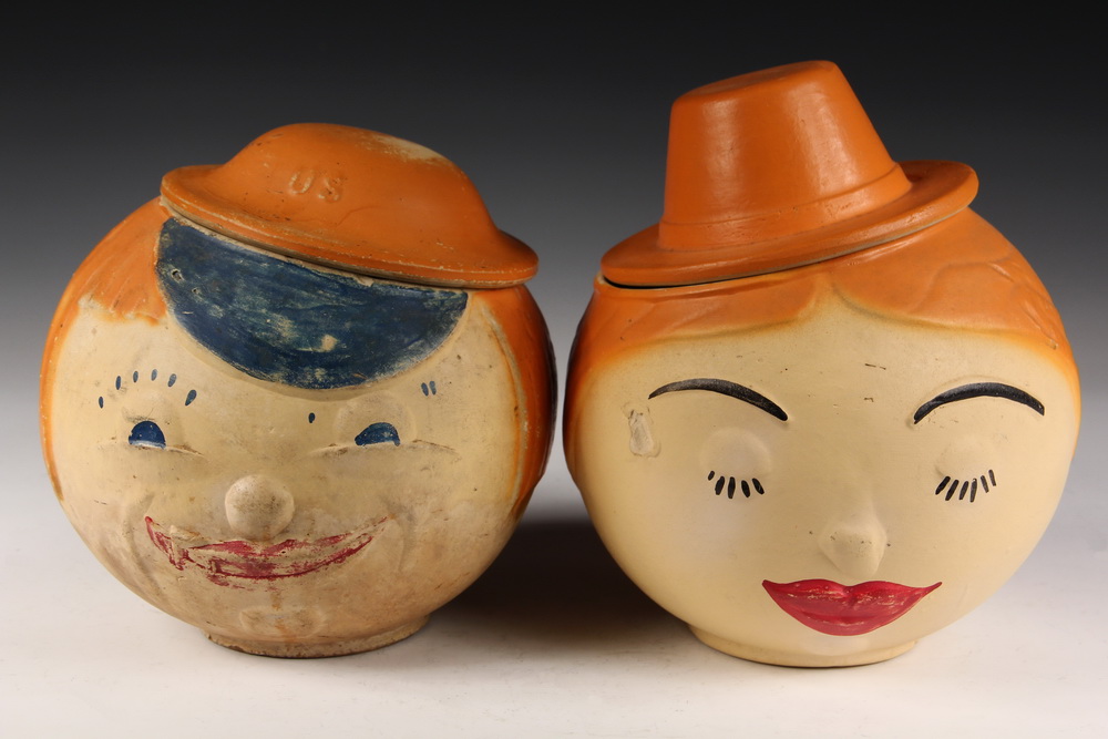 Appraisal: FIGURAL COOKIE JARS - Roly-Poly Heads of a Man and