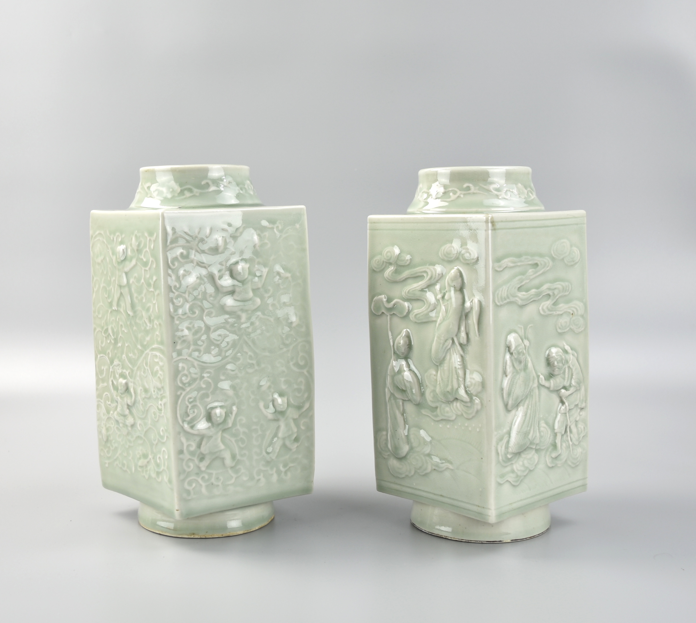 Appraisal: PAIR OF CHINESE CELADON GLAZE SQUARED FIGURAL VASE pair of