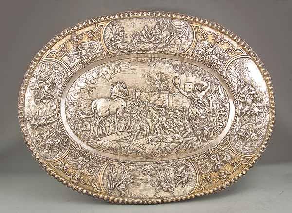 Appraisal: A Continental Silverplate Oval Sideboard Dish c embossed mythological scenic