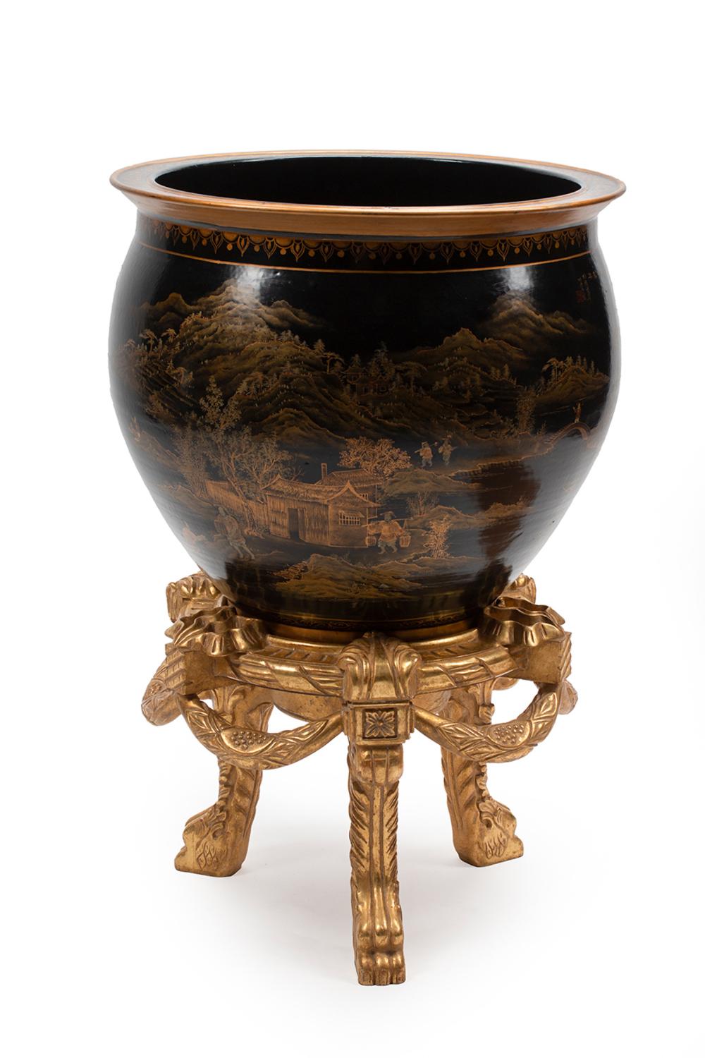 Appraisal: Chinese Polychrome and Gilt Decorated Black Glazed Porcelain Fishbowl on