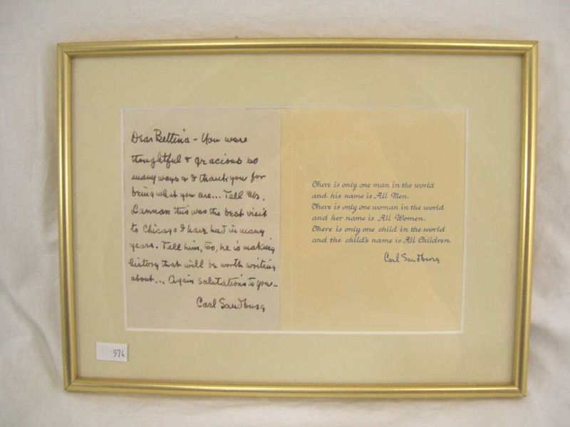 Appraisal: Framed Carl Sandburg Letter Hand written note to the recipient