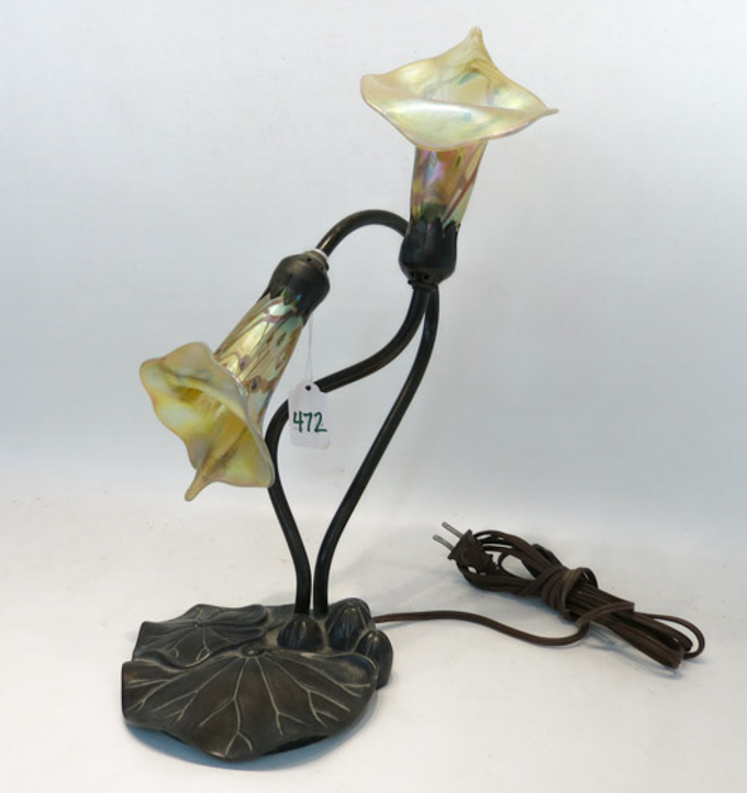 Appraisal: TIFFANY INSPIRED LILY LAMP two light design on cast bronze