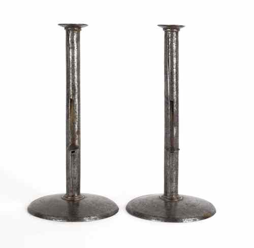 Appraisal: Large pair of tin hogscraper candlesticks ca with side ejectors