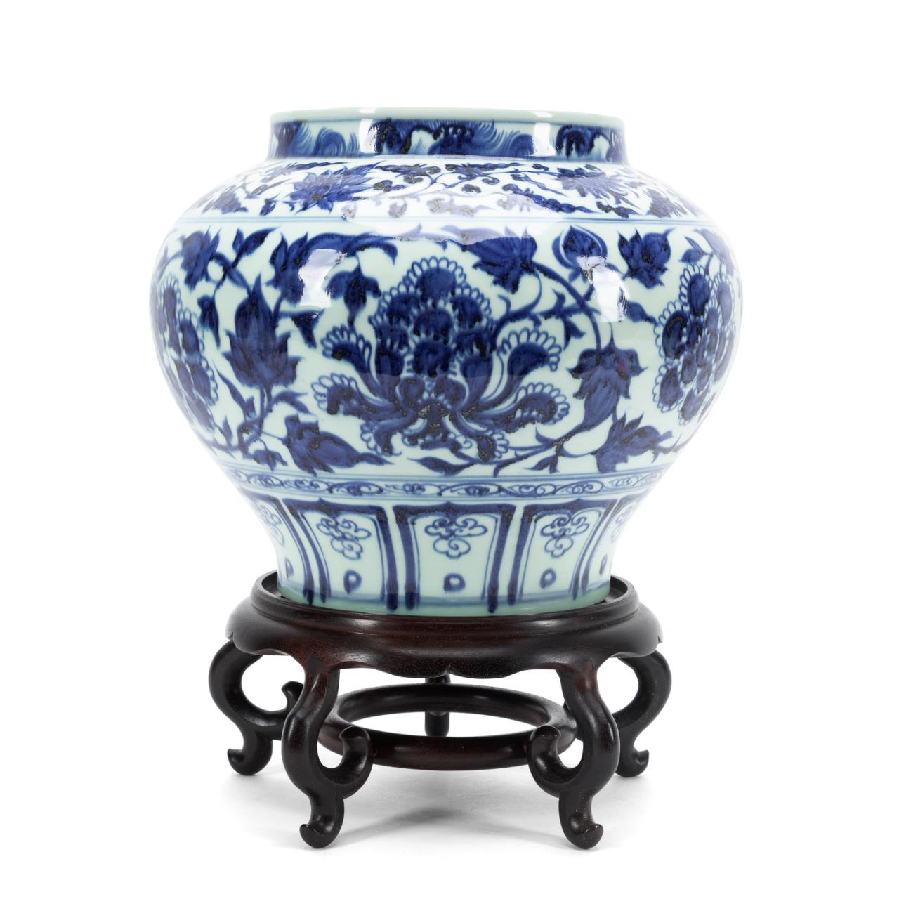 Appraisal: CHINESE BLUE AND WHITE FISH POT ON STAND Chinese blue