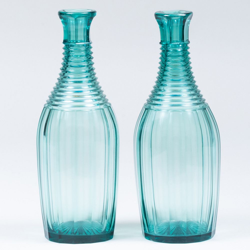 Appraisal: Pair of English Green Cut Glass Decanters x in diam