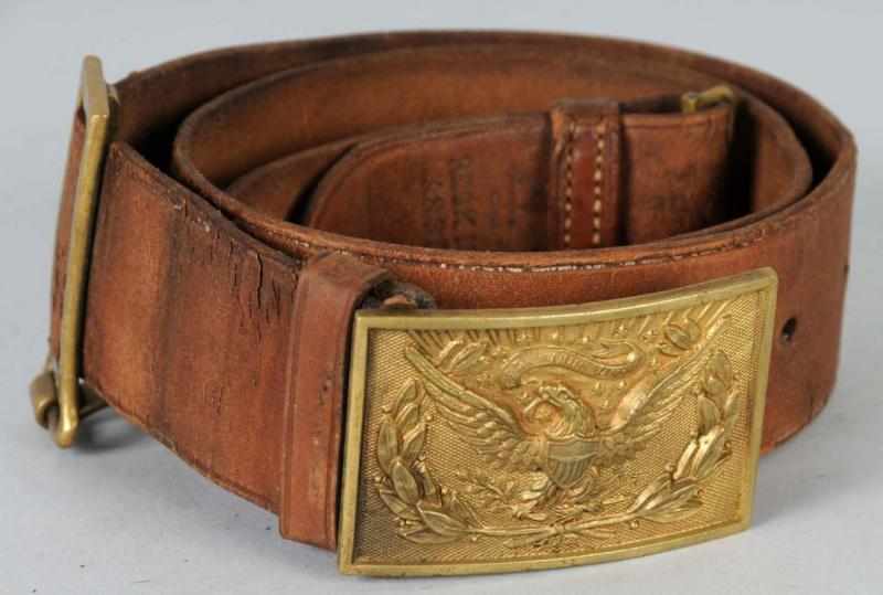 Appraisal: Antique Leather Belt with Brass Eagle Buckle Description One brass