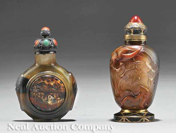 Appraisal: A Chinese Relief Carved Agate Snuff Bottle with French Silver