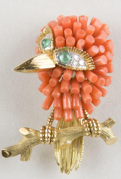 Appraisal: KT Diamond Coral Emerald Brooch ca after Van Cleef and