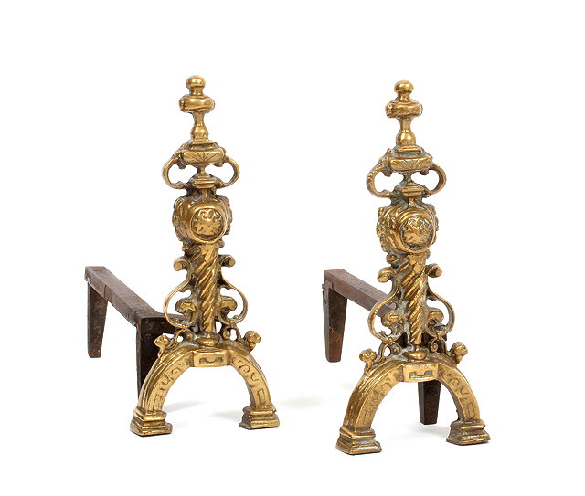 Appraisal: A PAIR OF OLD CAST BRASS AND WROUGHT IRON FIRE